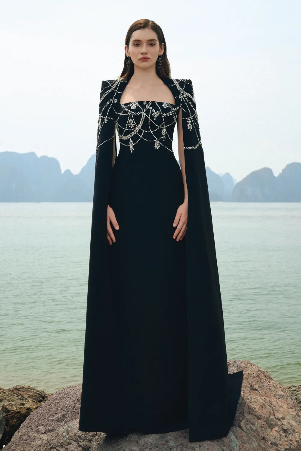 Wavy Crystalline Long Cape Sleeves Dress
